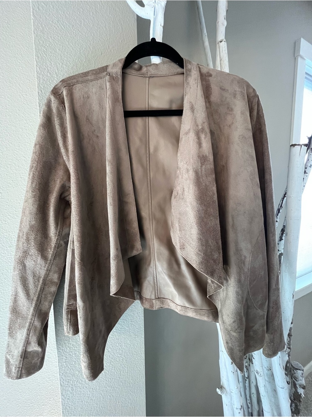 BB Dakota Reversible Taupe Faux Suede & Faux Leather Drape Front Leather Jacket